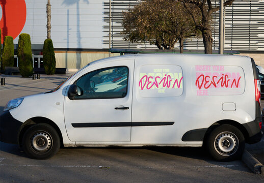 Mockup of a White Delivery Van Parked Near a Storefront
