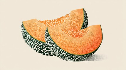 Fototapeta premium Two melon slices, orange flesh, dark speckled rind