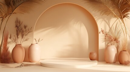 Fototapeta premium Pastel beige display podium with dried plants