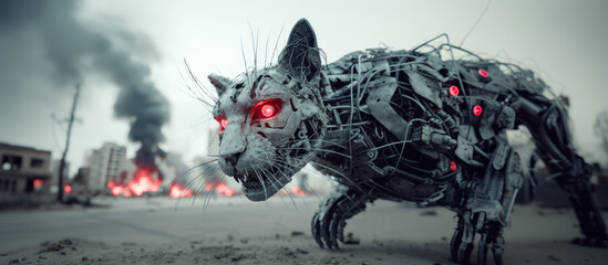 Cyborg cat hunting in gloomy warzone