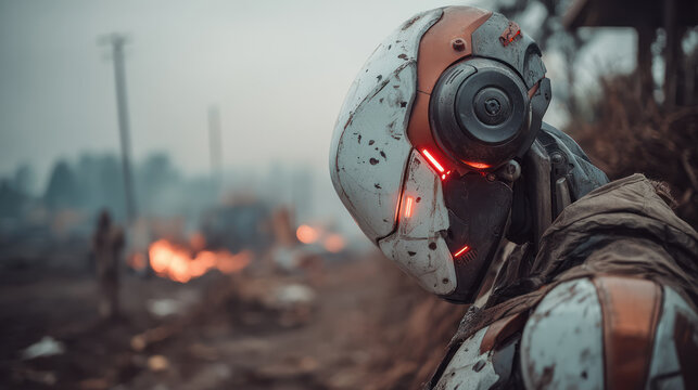 Man-like cyborg robot on a battlefield