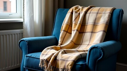 Cozy armchair adorned with warm plaid blanket, green plant. Modern minimal interior design