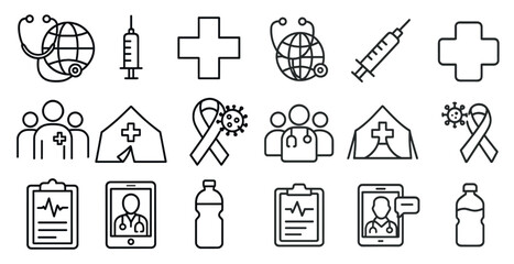 Set of medical icons including a syringe, a bottle, a cross, a stethoscope, and a person
