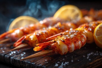 Grilled shrimp skewers seasoned and garnished with lemon presented on a wooden board