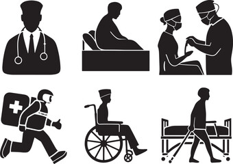 Medical Staff and Patient Icons Set Vector Illustration Doctor, Surgeon, Paramedic, and Patient Care Symbols on Transparent Background