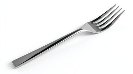 3D render of a stainless steel fork, angled placement, white background