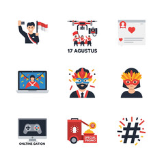 Fototapeta premium Collection of flat icons representing Indonesian Independence Day celebrations and digital communication.