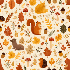 Obraz premium Charming autumnal pattern featuring squirrels, hedgehogs, mushrooms, acorns, and fall leaves on a cream background.