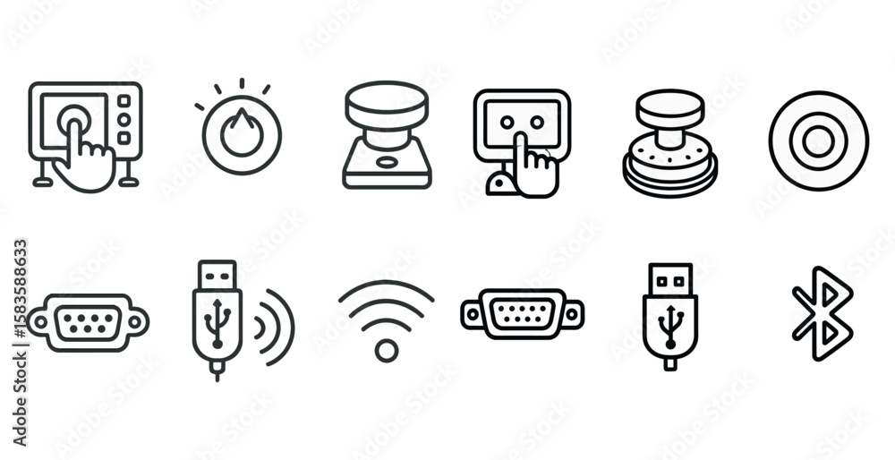 Poster set of icons for computer peripherals. the icons include a mouse, keyboard, usb, bluetooth, and a tv