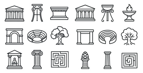 Collection of architectural icons including a tree, a building, and a statue. The icons are all drawn in a simple, stylized manner