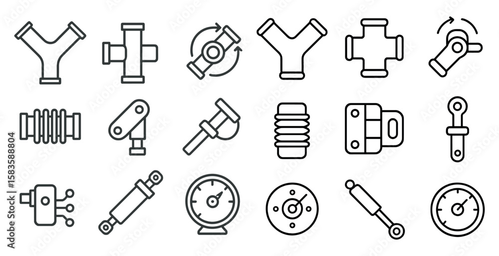 Poster collection of mechanical symbols and tools. the symbols include a wrench, a screwdriver, a bolt, and
