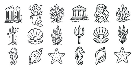 Set of ocean-themed icons, including a mermaid, a starfish, a seahorse, a shell, and a fish