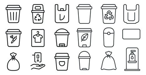 Series of black and white icons for trash cans, recycling bins, and other waste receptacles