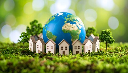 Miniature homes encircle Earth model on moss