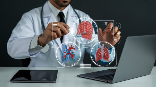 A professional medical digital interface visualization with a male doctor in a white lab coat and black tie working at a modern desk setup. - Powered by Adobe