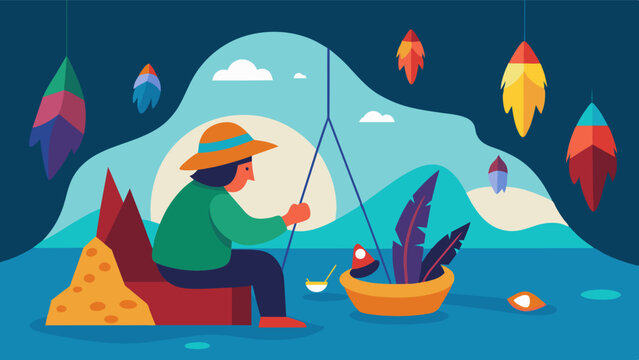 In a secluded cove a freelancer handcrafts fishing lures from scraps of colorful fabric and feathers.. Vector illustration