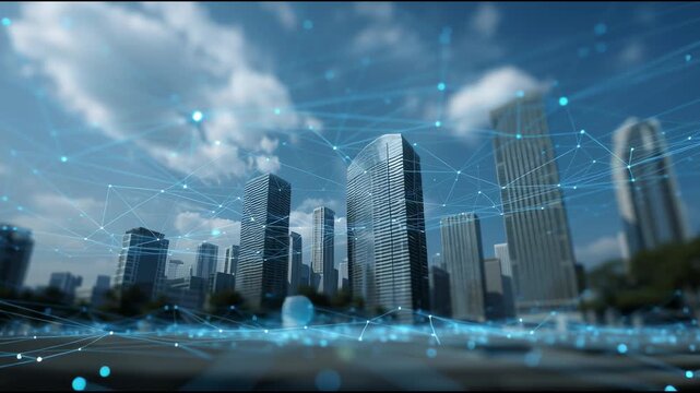 Connected Metropolis: A network of digital connections overlays a modern cityscape, emphasizing the seamless integration of technology and urban life, against a backdrop of a bright sky. - Powered by Adobe