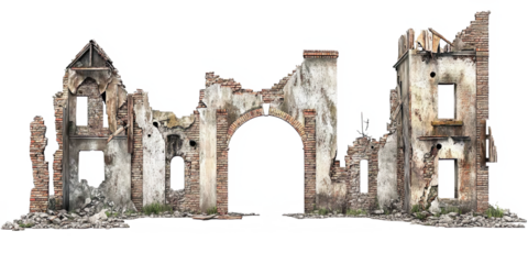 Abandoned ruined house structure with exposed interior isolated on white transparent background