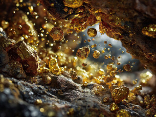 Golden mineral particles sparkle vividly in this close up image, highlighting natural beauty of uranium and nuclear power technologies in mining