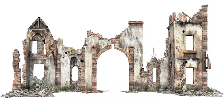 Abandoned ruined house structure with exposed interior isolated on white transparent background