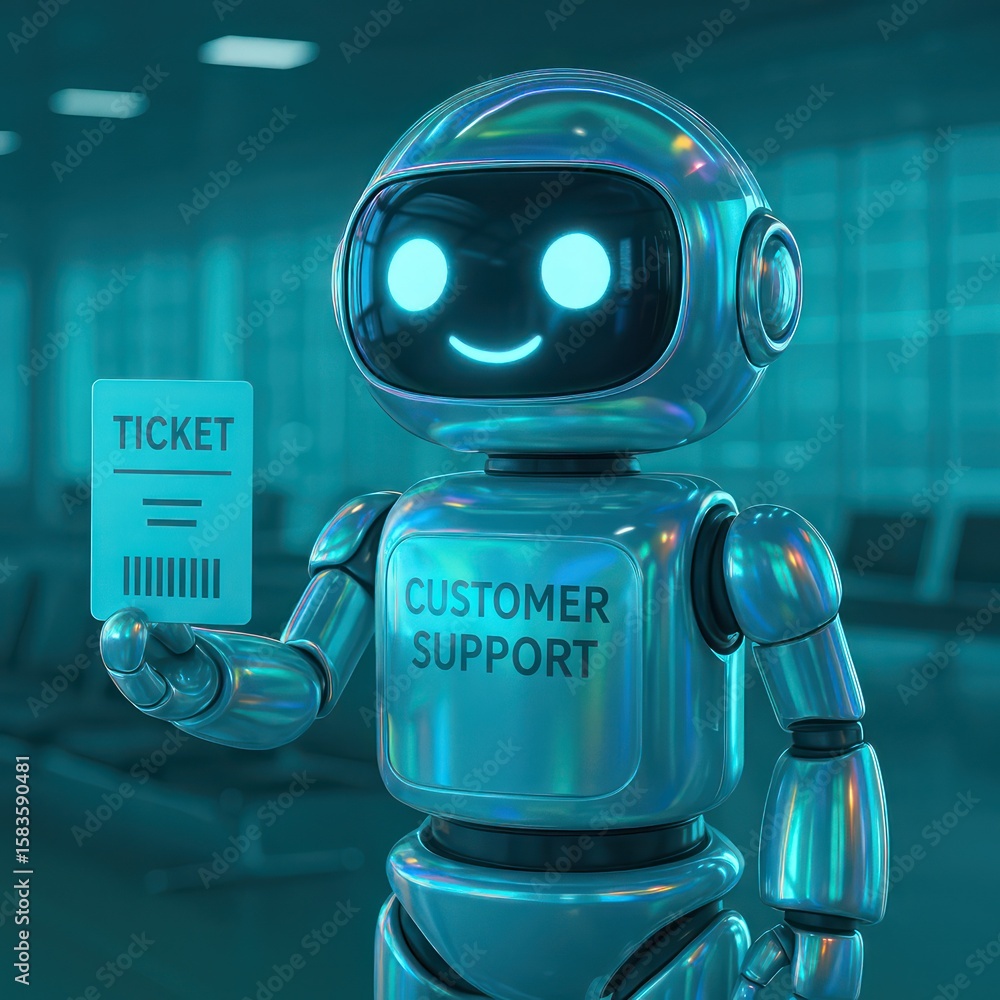 Poster a friendly, metallic robot with glowing eyes holds a 'ticket' and labeled 'customer support,' symbol