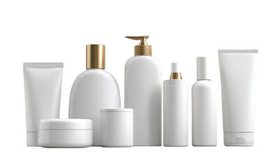 Set of white plastic cosmetic bottles and containers isolated on white background