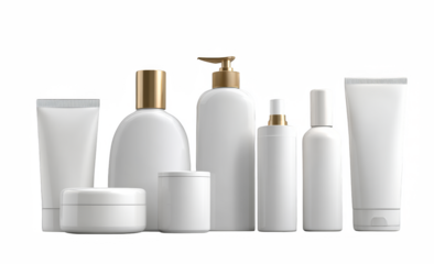 Set of white plastic cosmetic bottles and containers isolated on white background