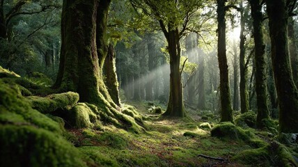 Obraz premium time-lapse of magical green forest in New Zealand, moss-covered trees, soft sunlight rays through leaves, lush wilderness, cinematic nature beauty