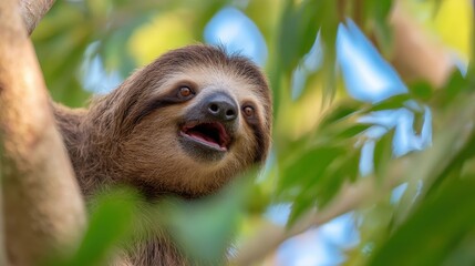 Fototapeta premium Happy sloth resting on a tree branch, surrounded by lush green foliage in a vibrant forest