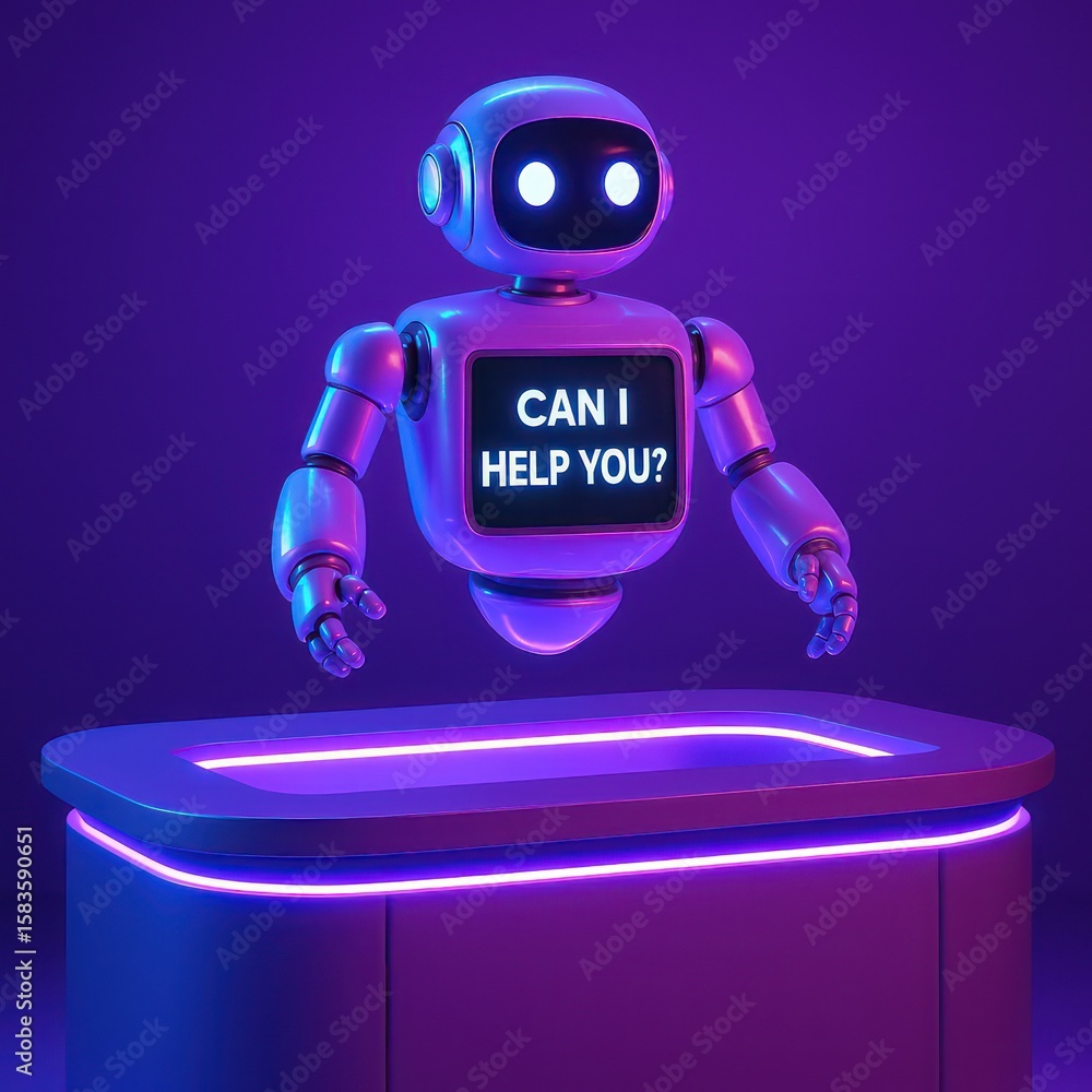 Poster a futuristic, friendly robot levitates behind a modern desk, with a display that invites interaction