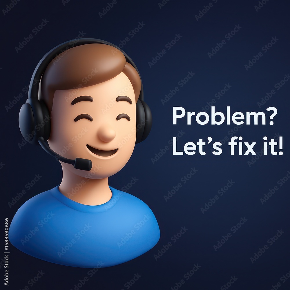 Poster a friendly and helpful support representative, complete with a headset, offers a solution to a probl