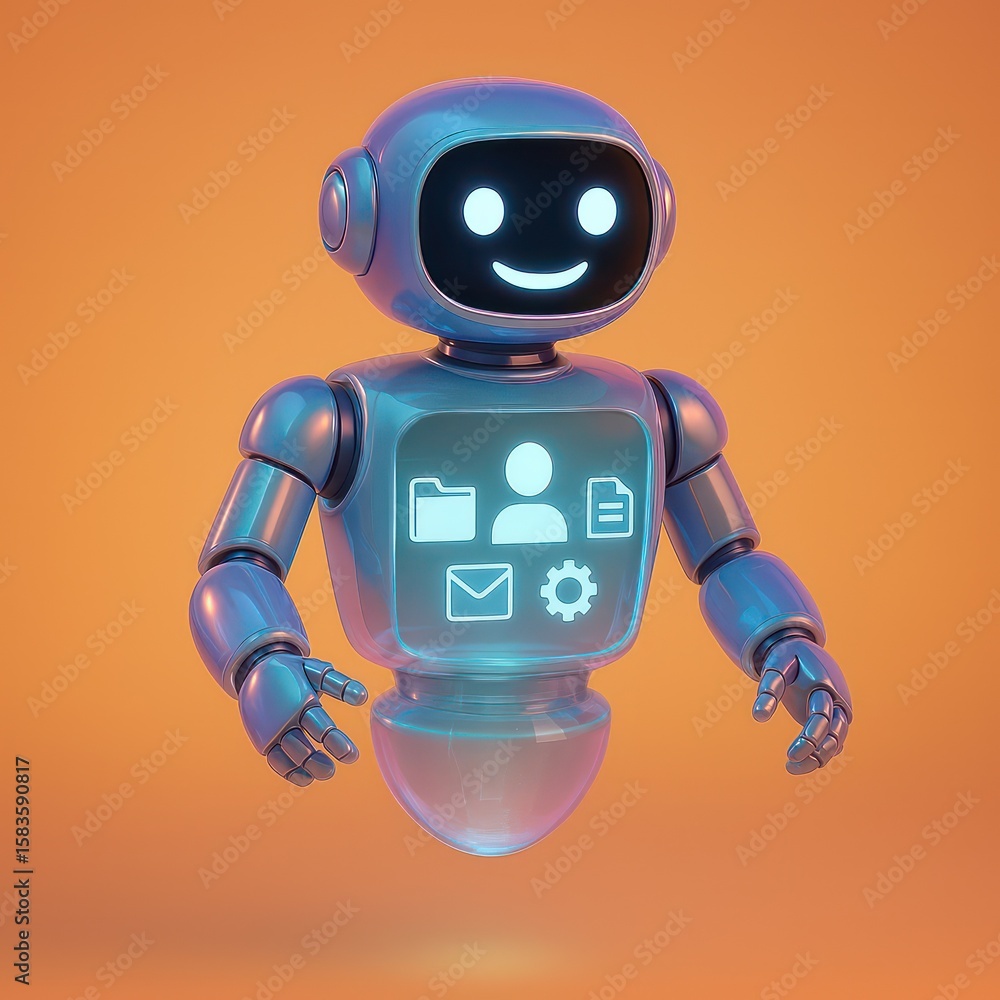 Poster a smiling, futuristic robot, glowing with a friendly face, interacts with digital file, settings, an