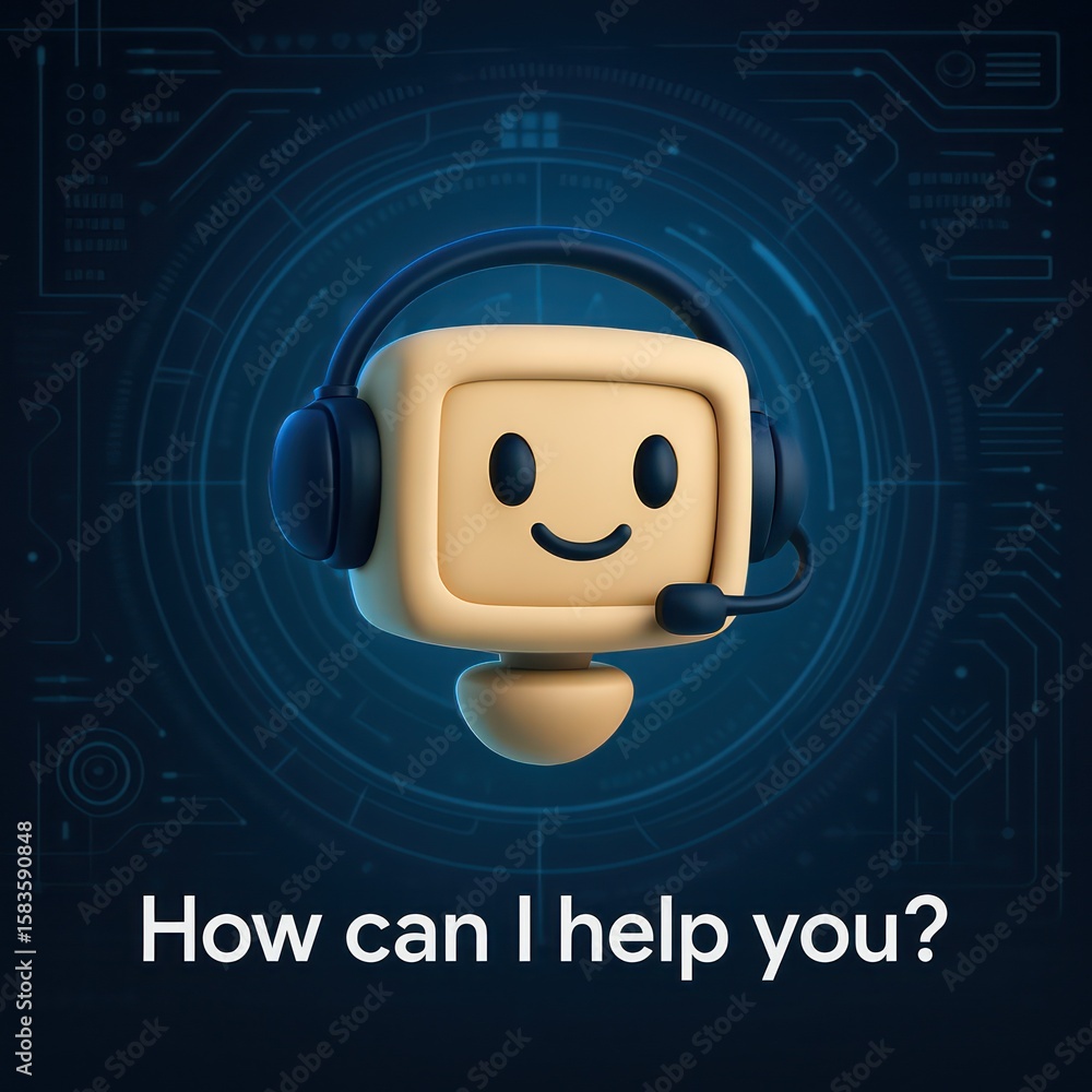 Poster a friendly and helpful robot mascot with a headset stands ready to assist and provide support. the i