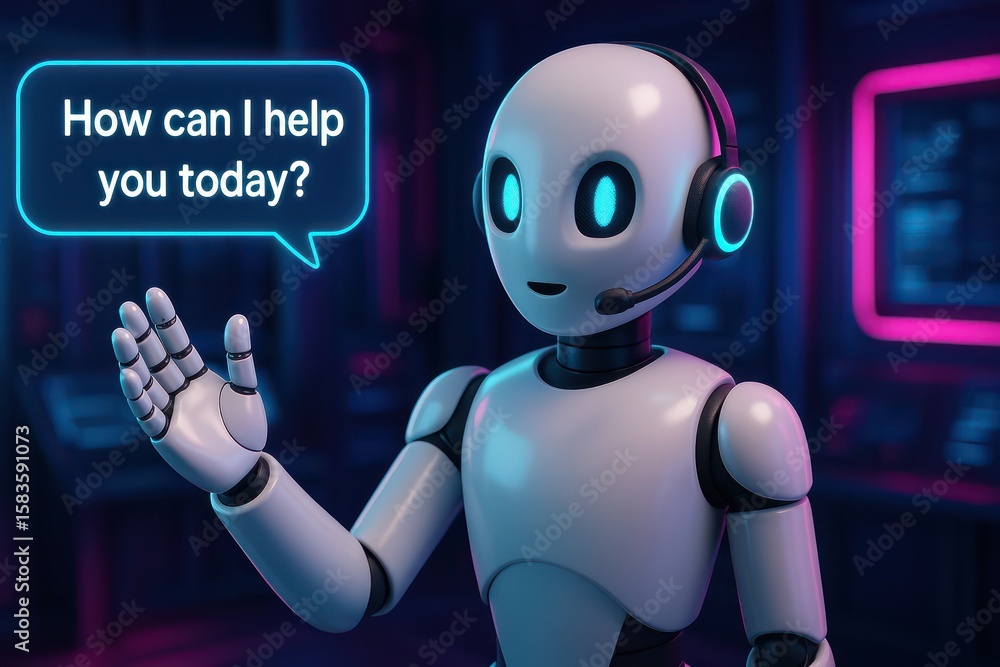 Poster a modern chatbot with advanced ai capabilities, friendly, helpful assistant. the scene conveys a mes