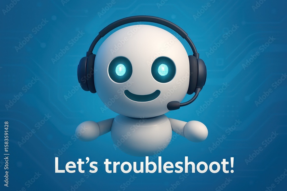 Poster an inviting ai assistant robot with headset invites viewers to troubleshoot problems, it exudes warm