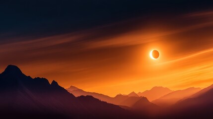 Breathtaking sunset during a solar eclipse over majestic mountain landscape, serene atmosphere