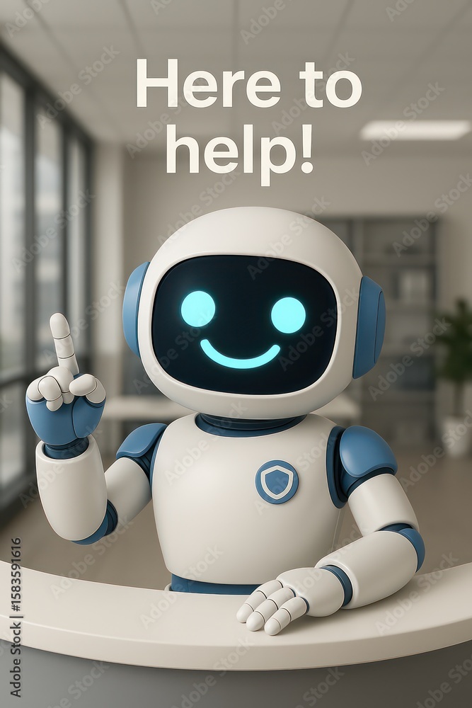 Poster a friendly robot assistant stands ready to help in a futuristic service center, inviting the viewers