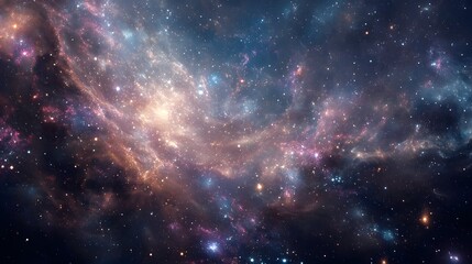 Obraz premium Cosmic galaxy abstract background featuring realistic star clusters deep space textures glowing nebula lighting natural photo realistic depth viewed from a wide angle perspective