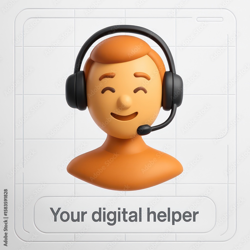 Poster a digital assistant character with a headset, ready to help and offer solutions. portraying the worl