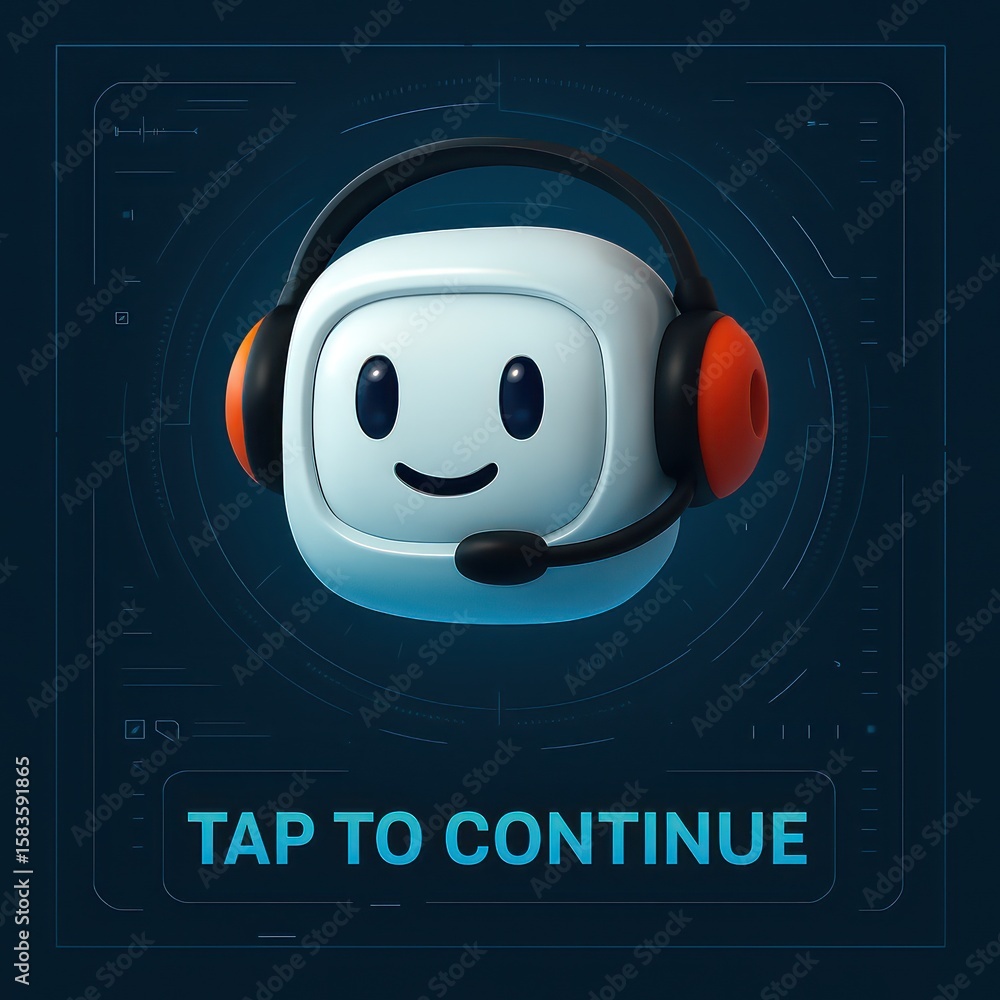 Poster friendly customer service robot with headset, poised and ready to assist users with a smile, creatin