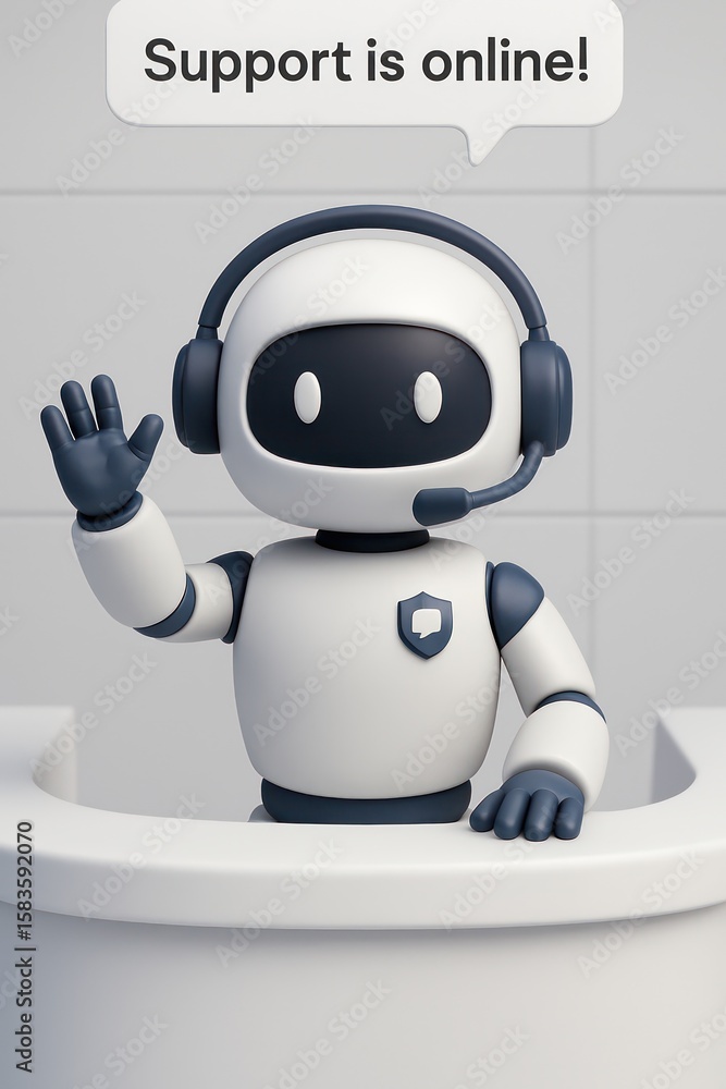 Poster an ai support chatbot cheerfully greets users with an inviting gesture, ready to provide assistance.