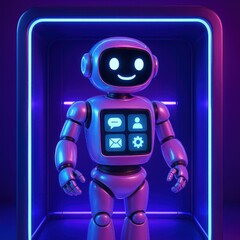 Fototapeta premium A modern AI bot shines, its digital presence glowing with a neon-lit frame, and conveying a sense of cutting-edge technology and futuristic charm. customer support service