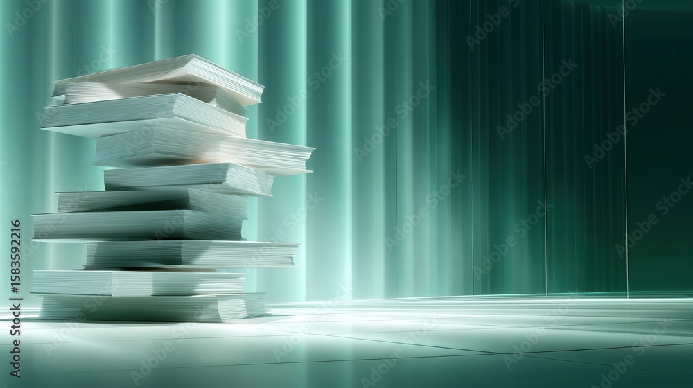 Poster stacked books in a serene, illuminated space with soft light and subtle reflections
