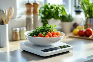 Fresh vegetables and herbs on a digital kitchen scale in a sunlit cooking space