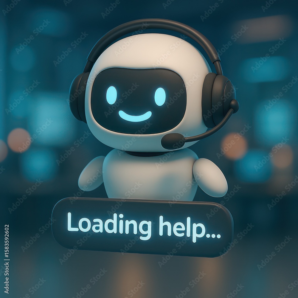 Poster a friendly chatbot avatar offers assistance, displaying 