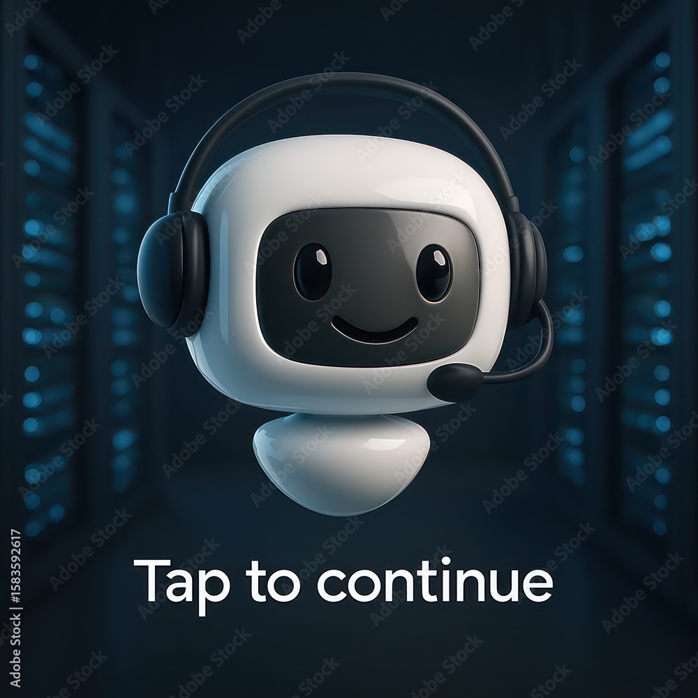 Poster a friendly chatbot character with headset, it gives customer support. representing a tech-forward su