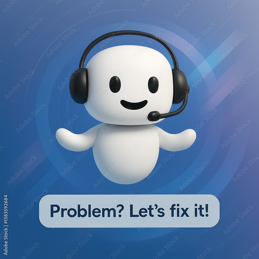 Poster a cheerful 3d animated character wearing a headset ready to help with text overlay. the character's 