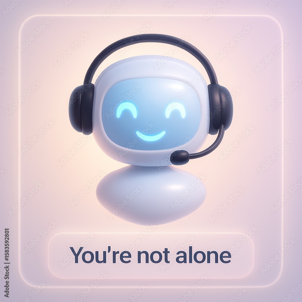Poster a cheerful digital assistant wears headset, illuminated by soft light, embodying support and connect