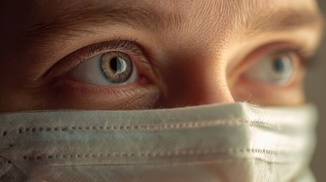 The close-up view of human eyes behind a protective face mask.