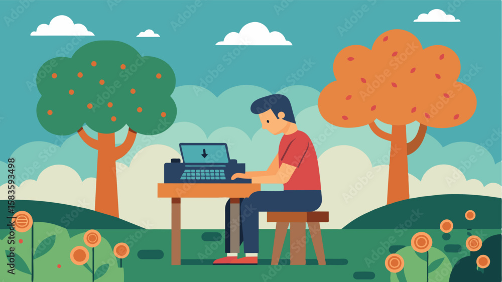 Poster the sound of a typewriter fills the air of the farmyard as a freelancer works under the shade of an 